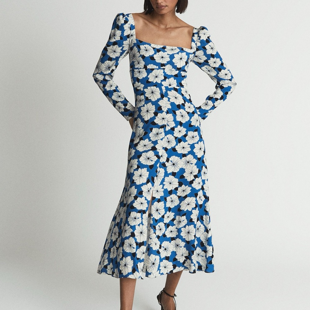 Reiss Blue White Black Floral Long Sleeve Slit Miller Square Neck Midi Dress